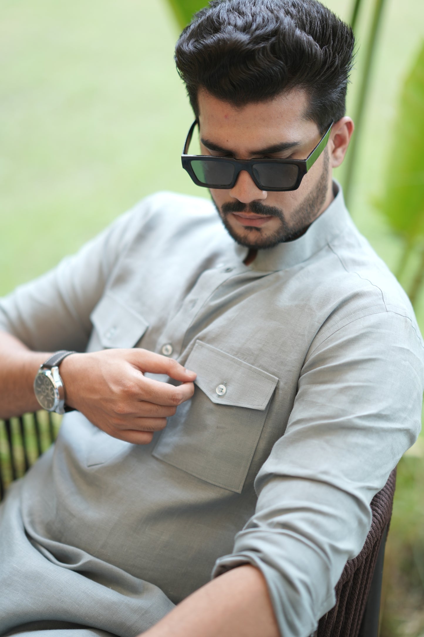 Greenish Grey Kurta Pyjama Pocket Set