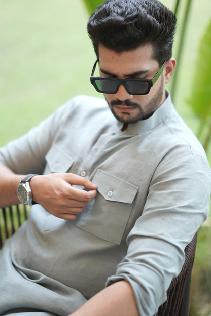 Greenish Grey Kurta Pyjama Pocket Set