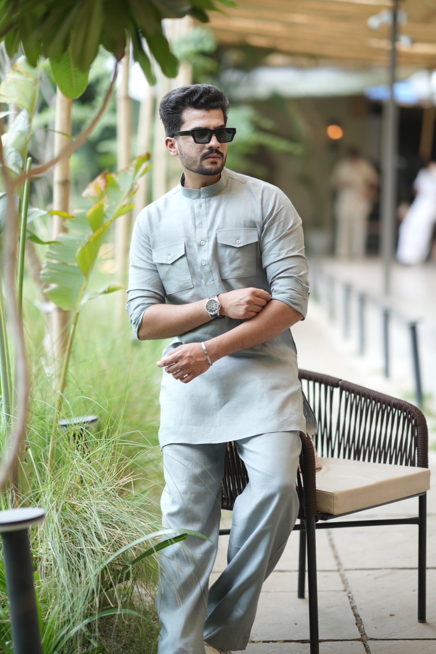 Greenish Grey Kurta Pyjama Pocket Set