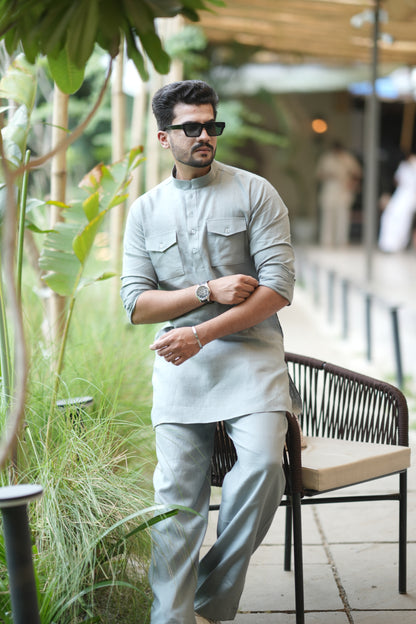 Greenish Grey Kurta Pyjama Pocket Set