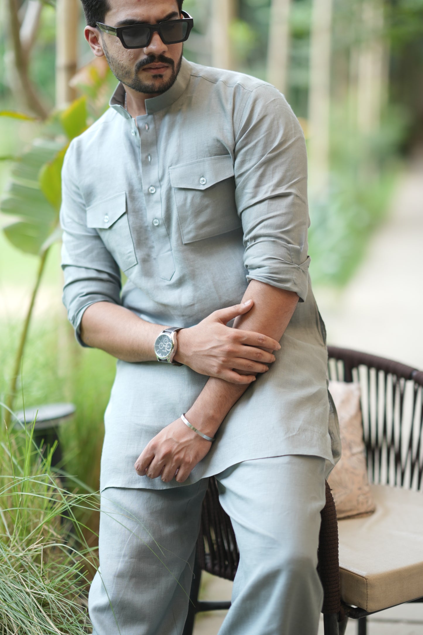 Greenish Grey Kurta Pyjama Pocket Set