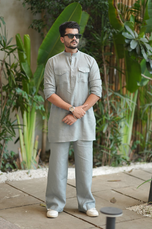 Greenish Grey Pure Linen Kurta Pyjama Double Pocket Cord Set