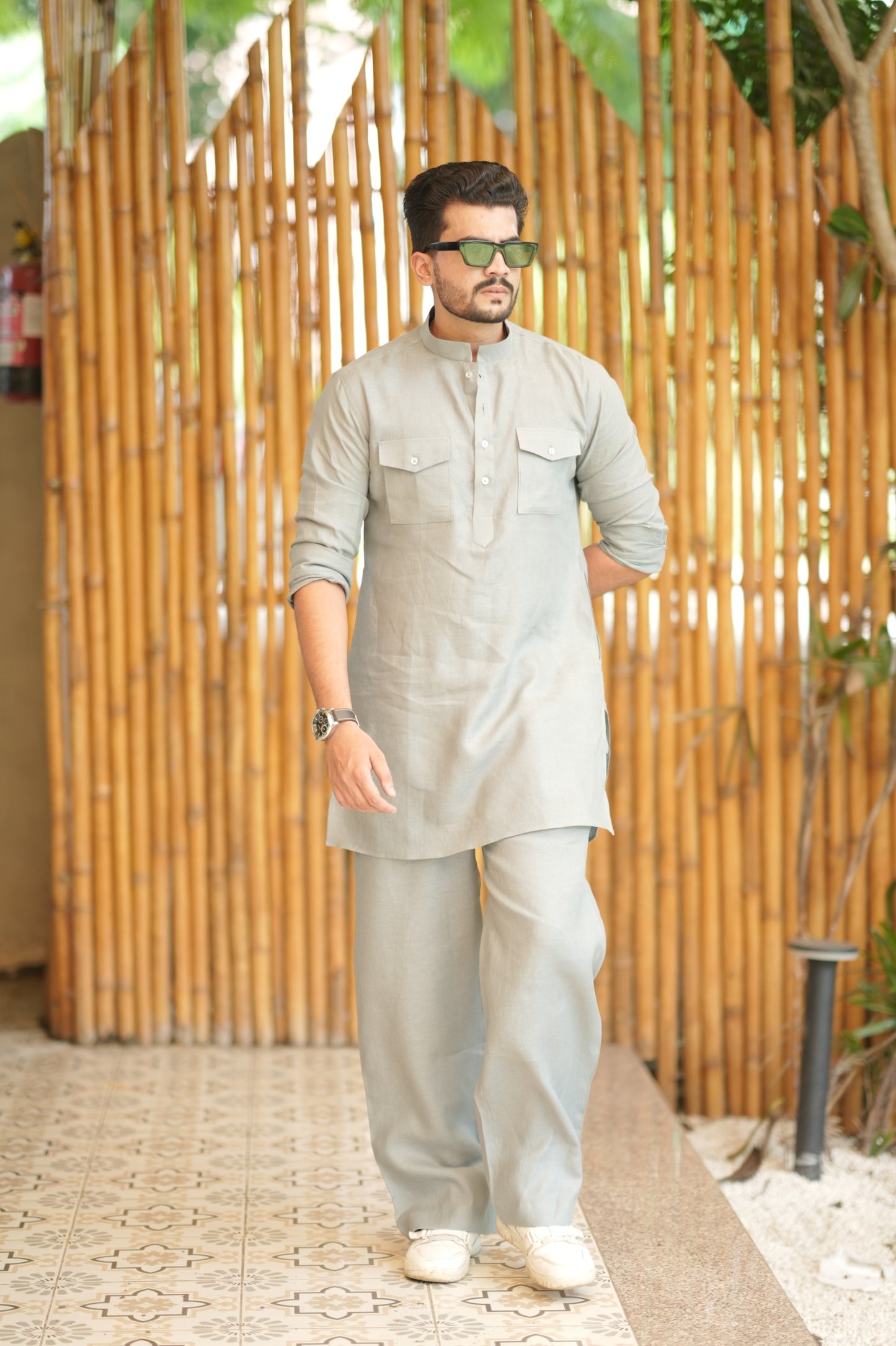 Greenish Grey Kurta Pyjama Pocket Set