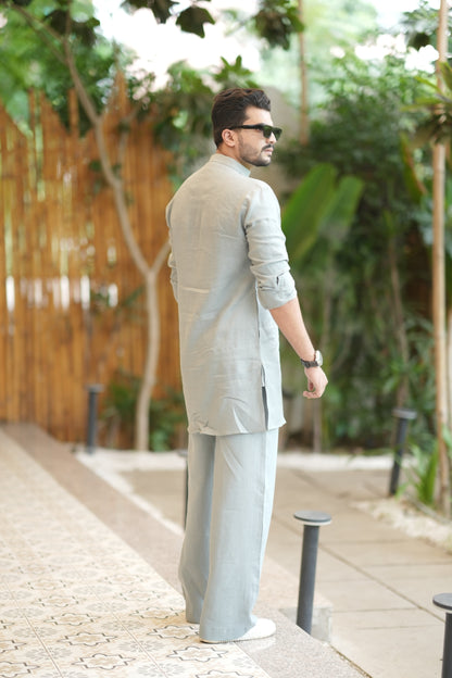 Greenish Grey Kurta Pyjama Pocket Set