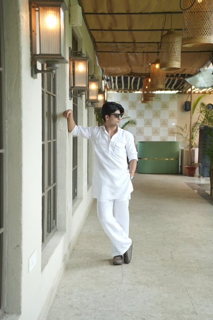 Pure White Kurta Pyjama Pocket Set