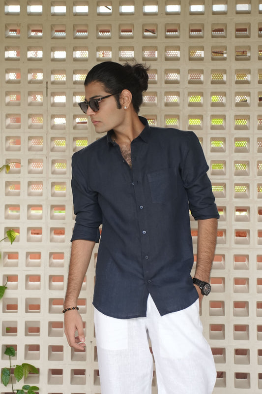 Navy Blue Linen Shirt