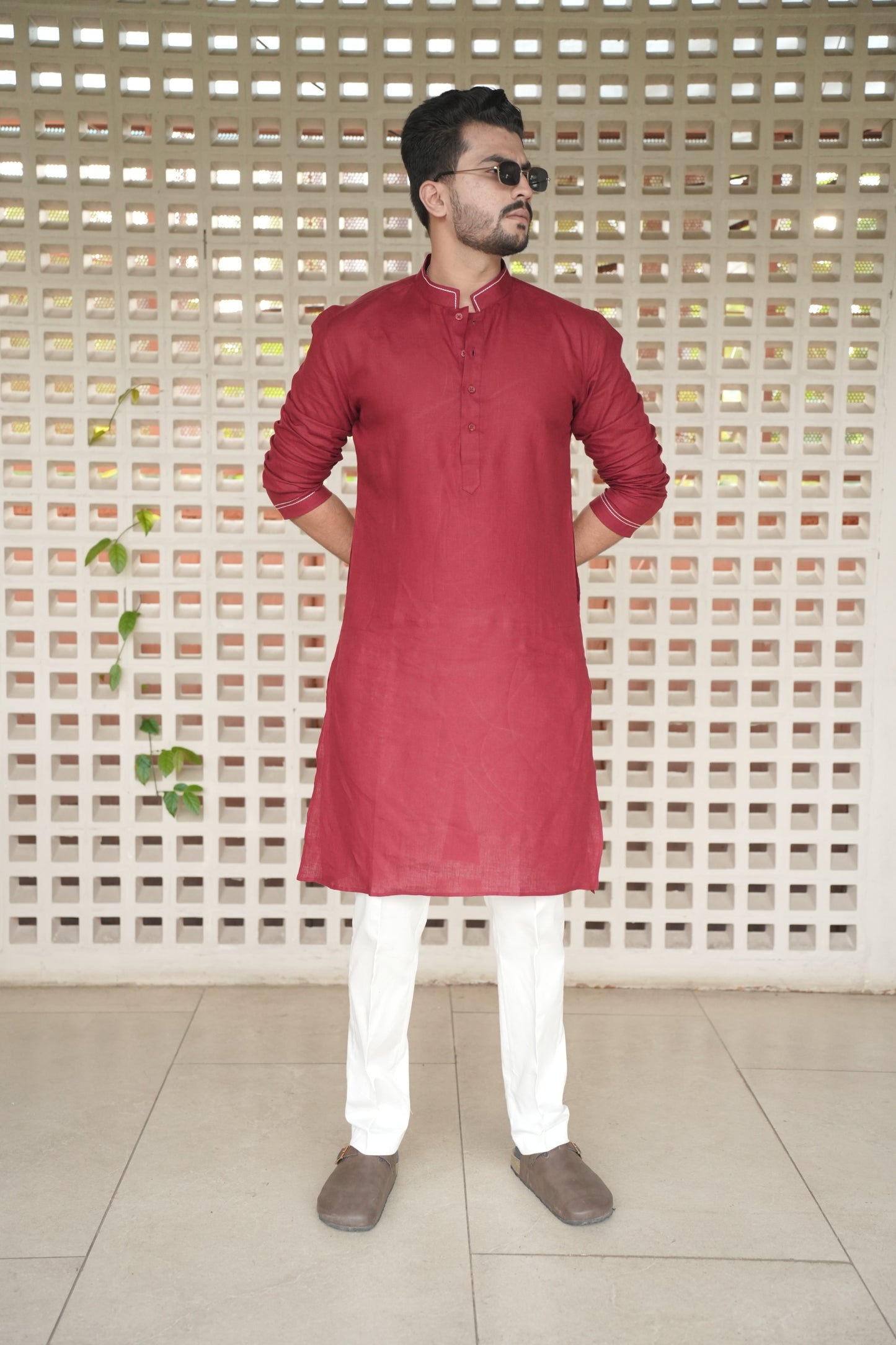 Matt Mehroon Long Traditional Kurta Pyjama Set