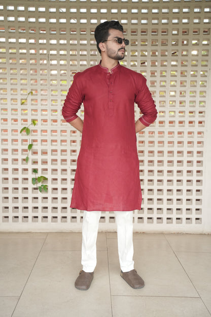 Matt Mehroon Long Traditional Kurta Pyjama Set