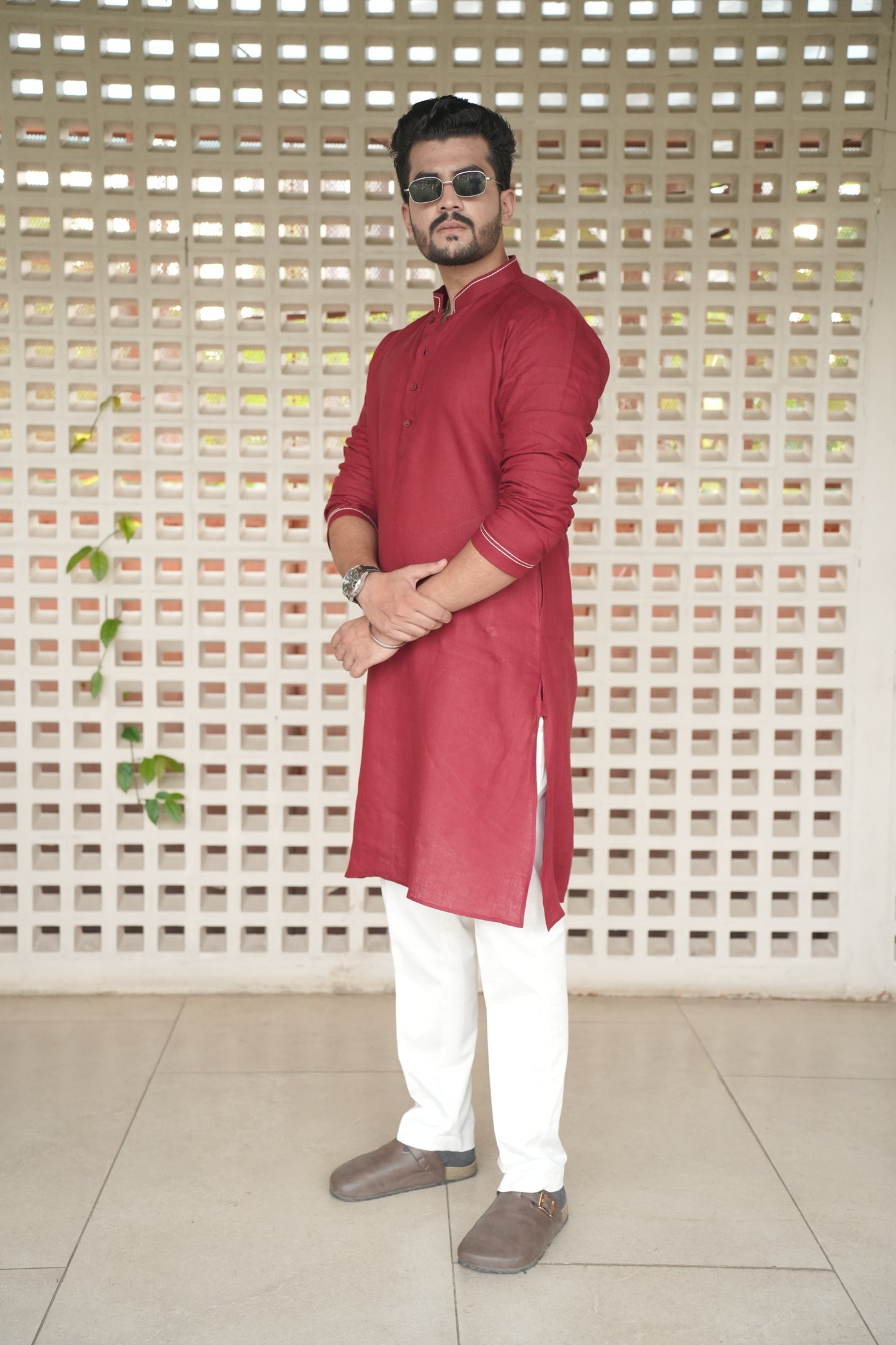 Matt Mehroon Long Traditional Kurta Pyjama Set