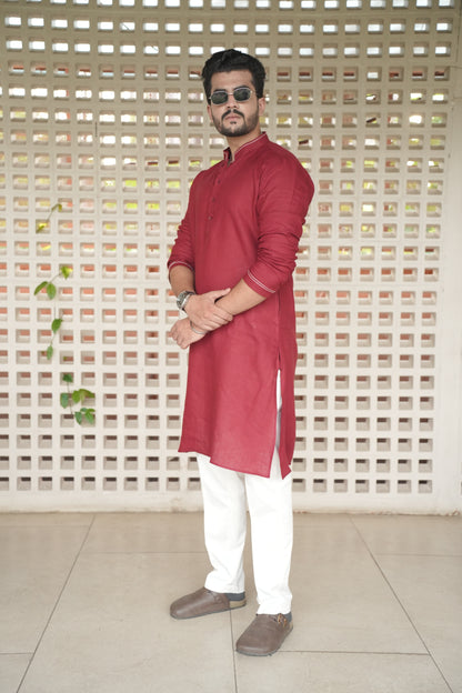 Matt Mehroon Long Traditional Kurta Pyjama Set