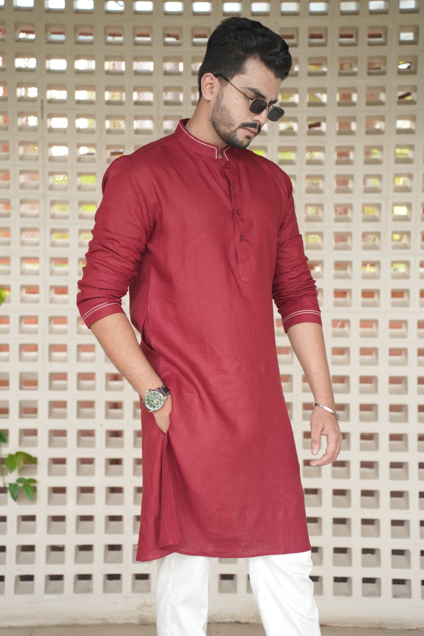 Matt Mehroon Long Traditional Kurta Pyjama Set