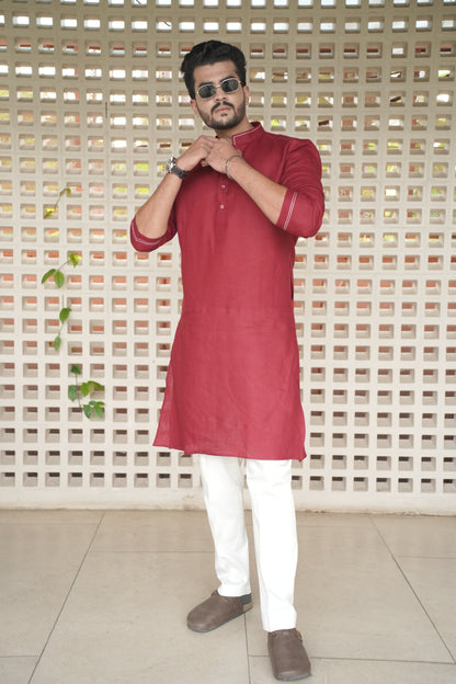 Matt Mehroon Long Traditional Kurta Pyjama Set