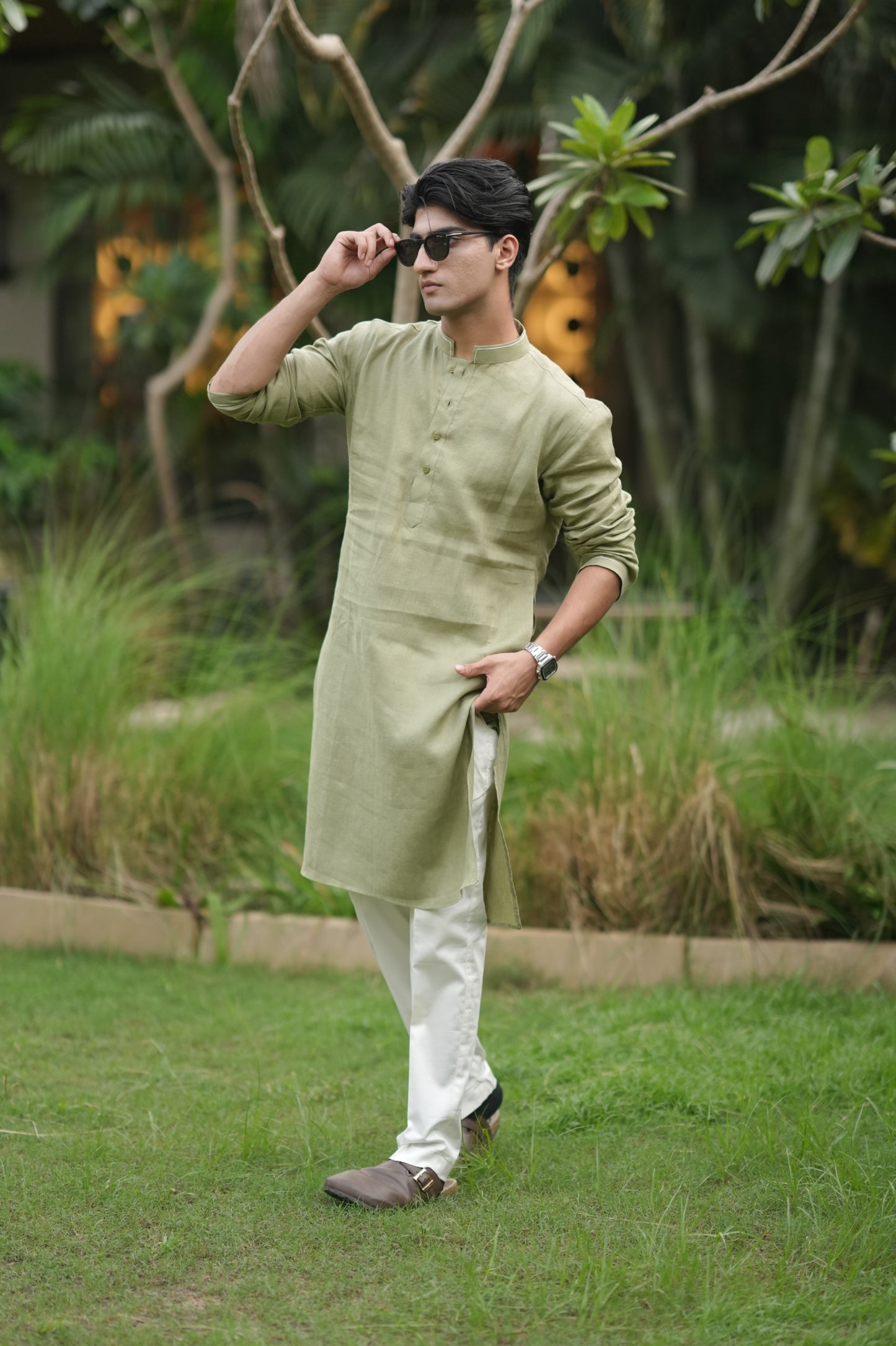 Mehandi Green Long Traditional Kurta Pyjama Set