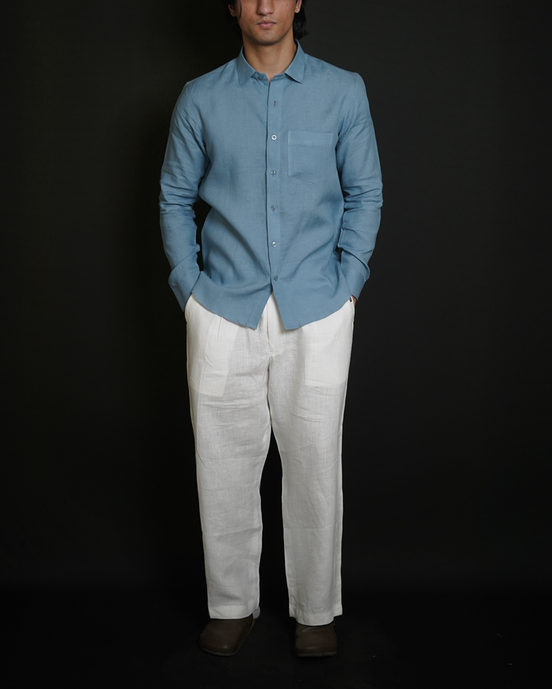 Denim Blue Shirt & White Loose Pant Combination