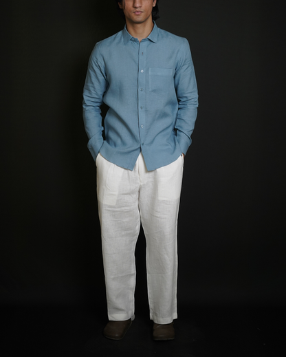 Denim Blue Shirt & White Loose Pant Combination