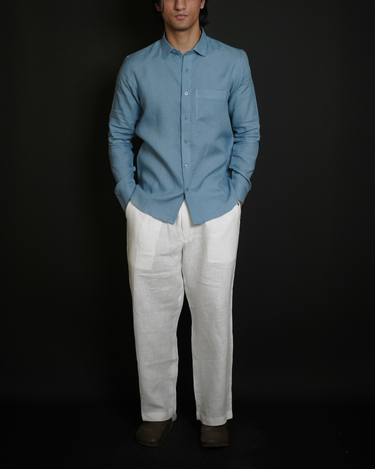 Denim Blue Shirt & White Loose Pant Combination