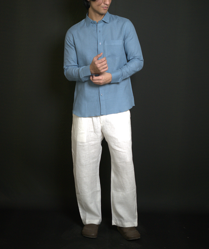 Denim Blue Shirt & White Loose Pant Combination