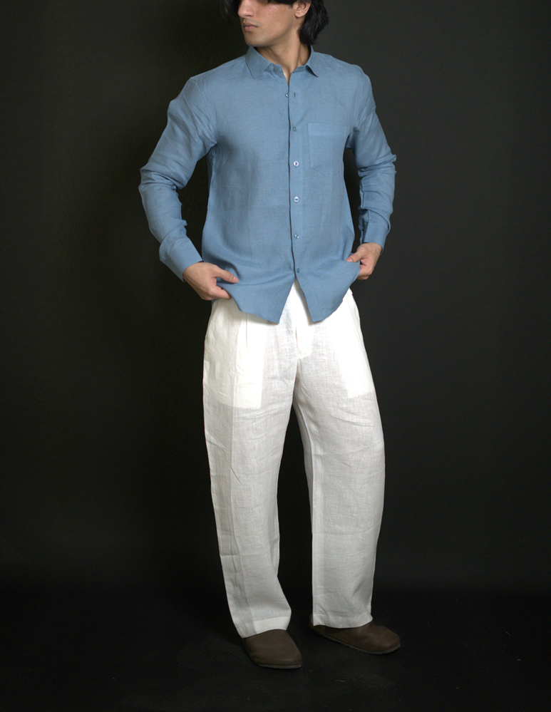 Denim Blue Shirt & White Loose Pant Combination