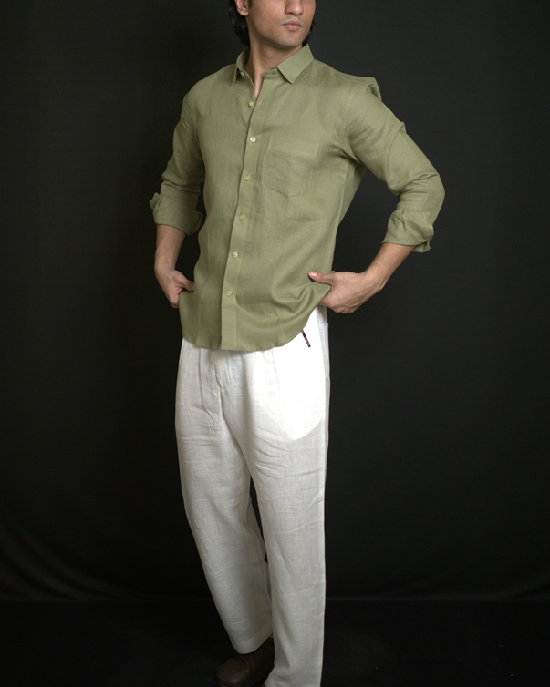 Mehndi Green Shirt & White Loose Pant Combination