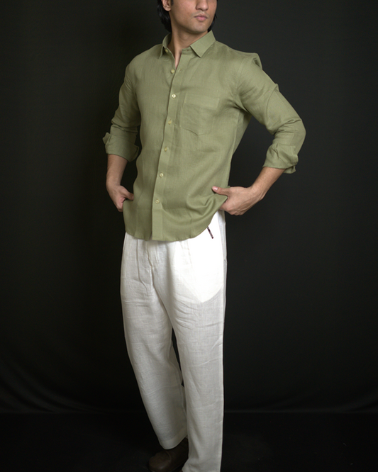 Mehndi Green Shirt & White Loose Pant Combination