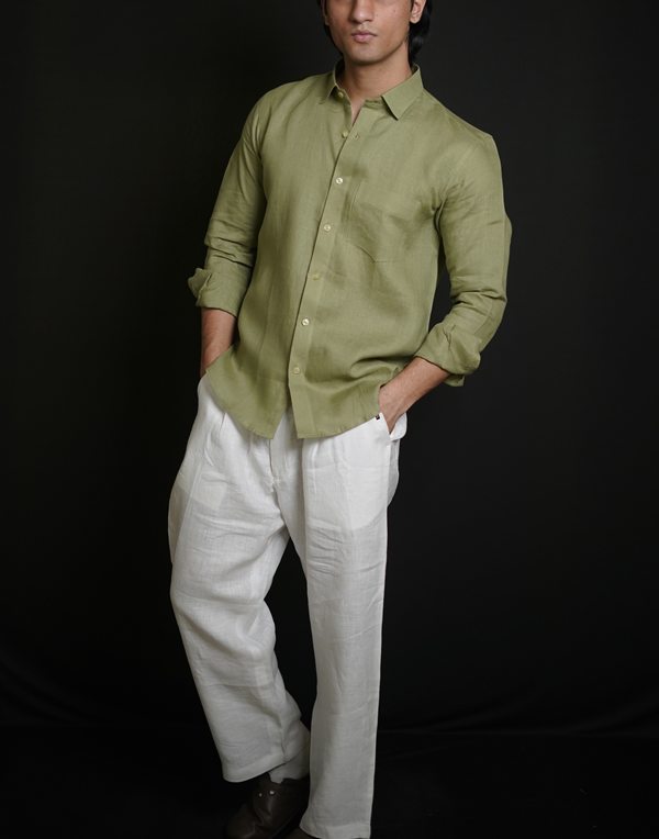 Mehndi Green Shirt & White Loose Pant Combination