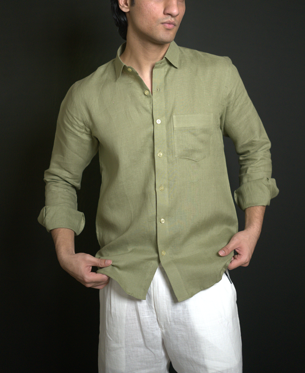 Mehndi Green Shirt & White Loose Pant Combination