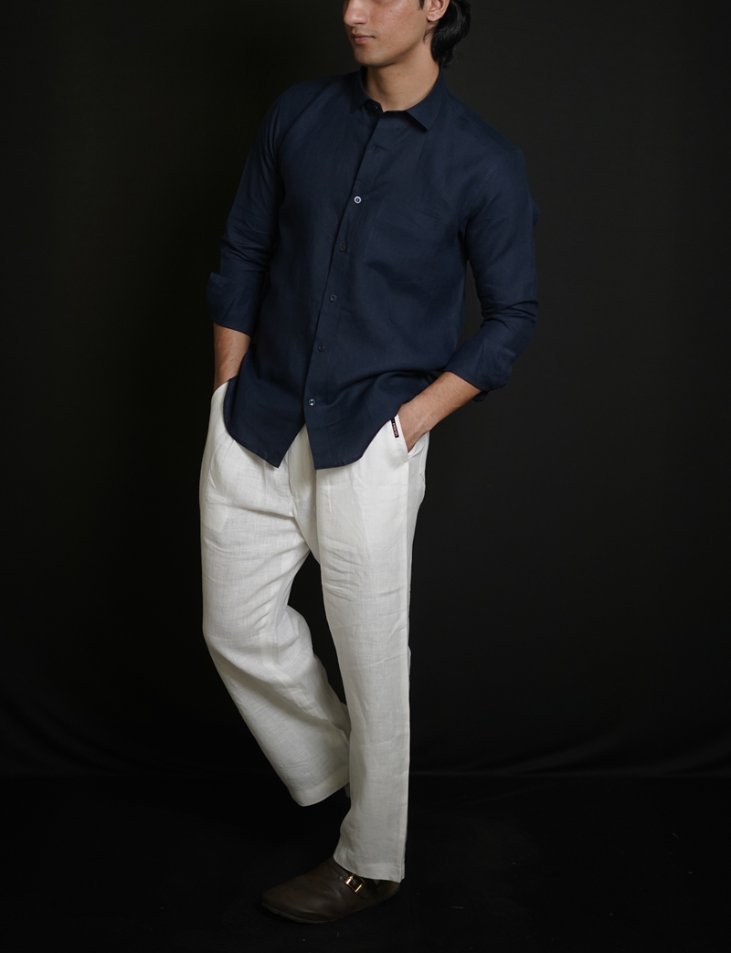 Navy Blue Shirt & White Loose Pant Combination