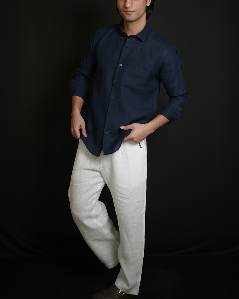 Navy Blue Shirt & White Loose Pant Combination
