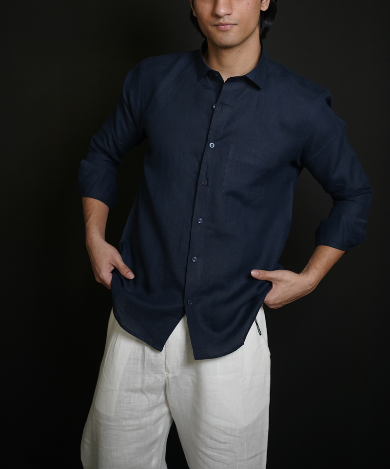 Navy Blue Shirt & White Loose Pant Combination
