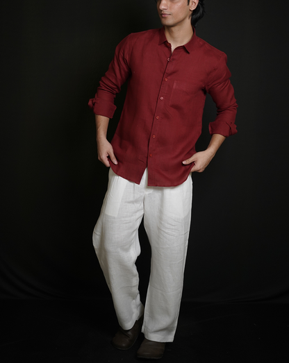 Matt Maroon Shirt & White Loose Pant Combination