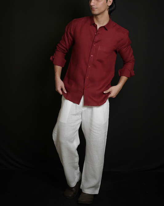 Matt Maroon Shirt & White Loose Pant Combination