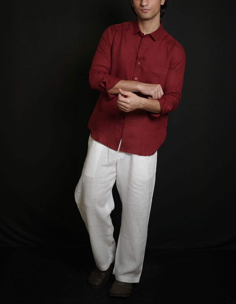 Matt Maroon Shirt & White Loose Pant Combination