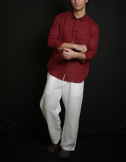 Matt Maroon Shirt & White Loose Pant Combination