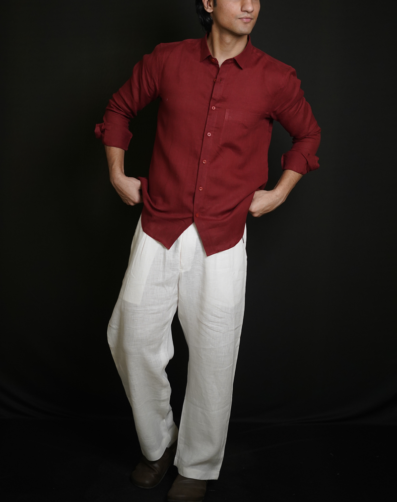 Matt Maroon Shirt & White Loose Pant Combination