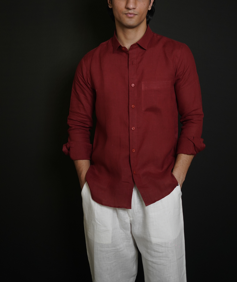 Matt Maroon Shirt & White Loose Pant Combination