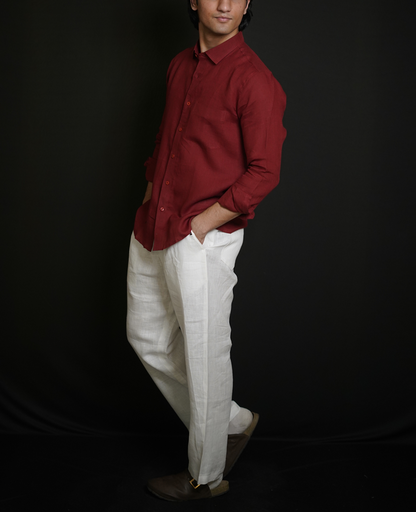 Matt Maroon Shirt & White Loose Pant Combination