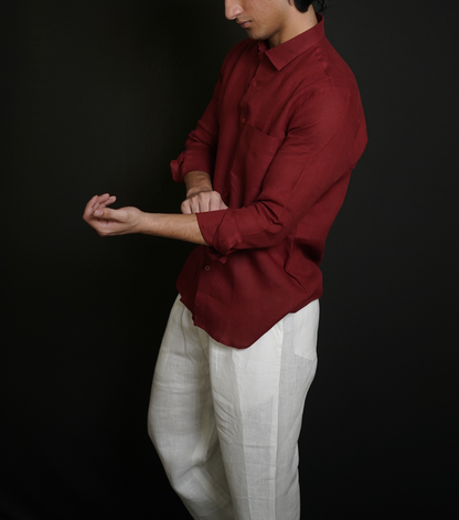 Matt Maroon Shirt & White Loose Pant Combination