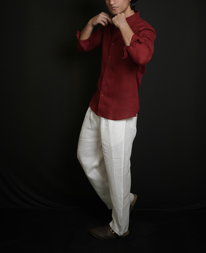 Matt Maroon Shirt & White Loose Pant Combination