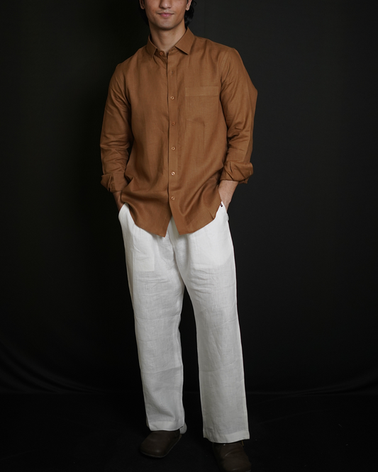 Tobbaco Brown Shirt & White Loose Pant Combination