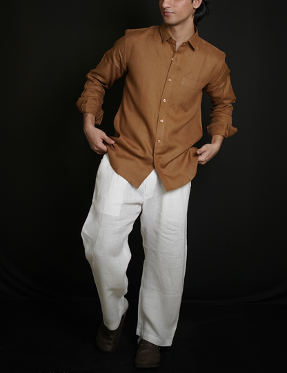Tobbaco Brown Shirt & White Loose Pant Combination