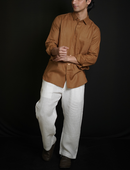 Tobbaco Brown Shirt & White Loose Pant Combination