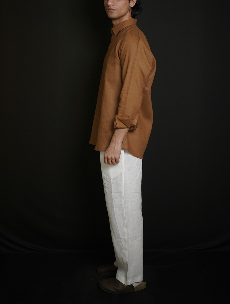 Tobbaco Brown Shirt & White Loose Pant Combination
