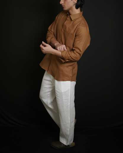 Tobbaco Brown Shirt & White Loose Pant Combination