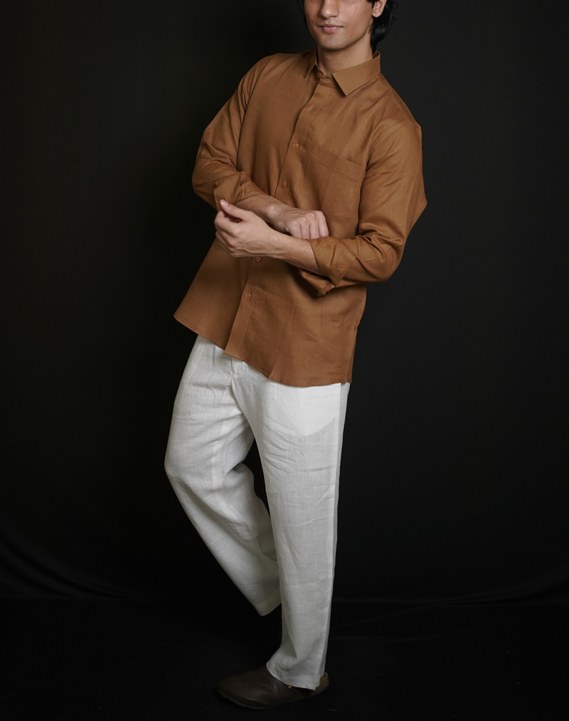 Tobbaco Brown Shirt & White Loose Pant Combination