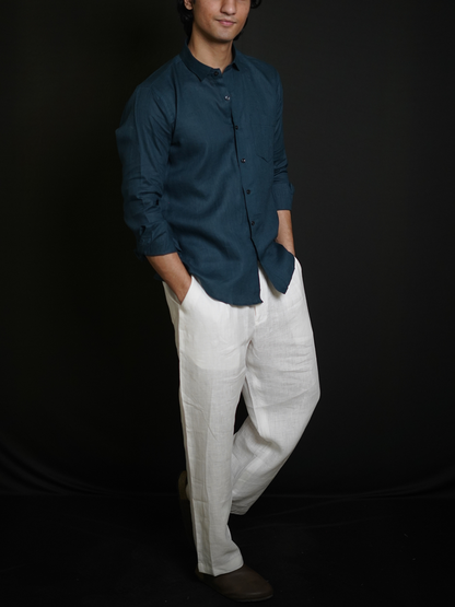 Teal Blue Shirt & White Loose Pant Combination