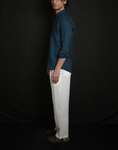 Teal Blue Shirt & White Loose Pant Combination