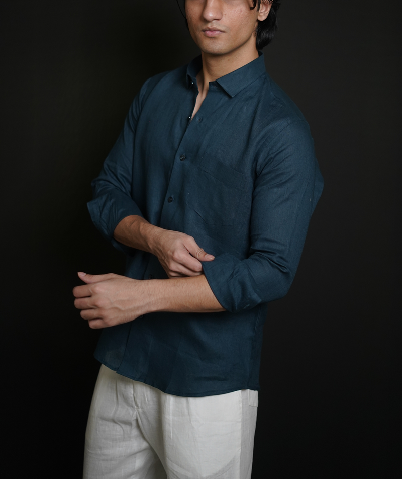 Teal Blue Shirt & White Loose Pant Combination