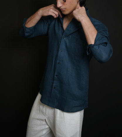 Teal Blue Shirt & White Loose Pant Combination
