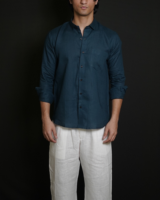 Teal Blue Shirt & White Loose Pant Combination