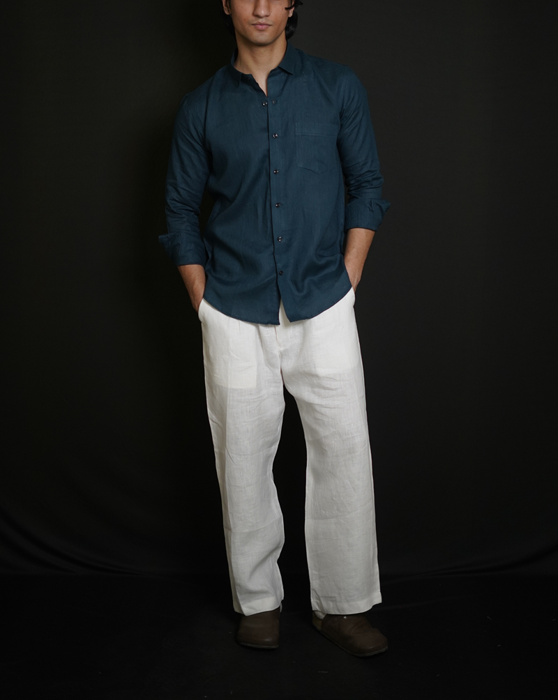 Teal Blue Shirt & White Loose Pant Combination